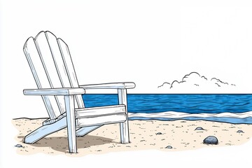 White Adirondack Chair on Sandy Beach by Ocean
