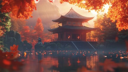 Fototapeta premium Zen Temple Surrounded by Autumn Foliage