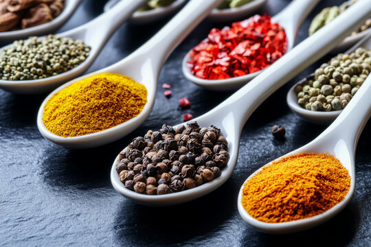 Assorted spices in ceramic spoons, neatly arranged along the edges of the image - Powered by Adobe