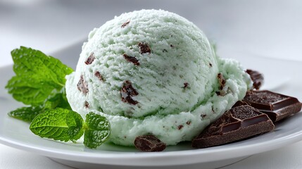 A refreshing scoop of mint chocolate chip ice cream with rich chocolate chunks, served on a clean white plate&mdash;perfect for a cool, indulgent treat.