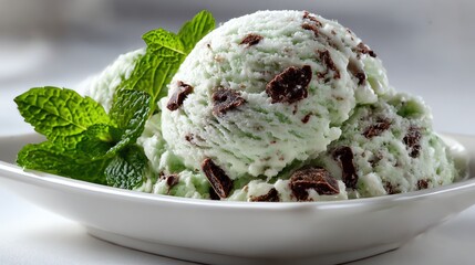 A refreshing scoop of mint chocolate chip ice cream with rich chocolate chunks, served on a clean white plate&mdash;perfect for a cool, indulgent treat.