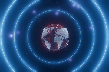 A blue planet with a red dot in the middle