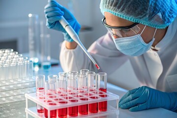 A scientist in a laboratory setting carefully working with a pipette and blood samples.