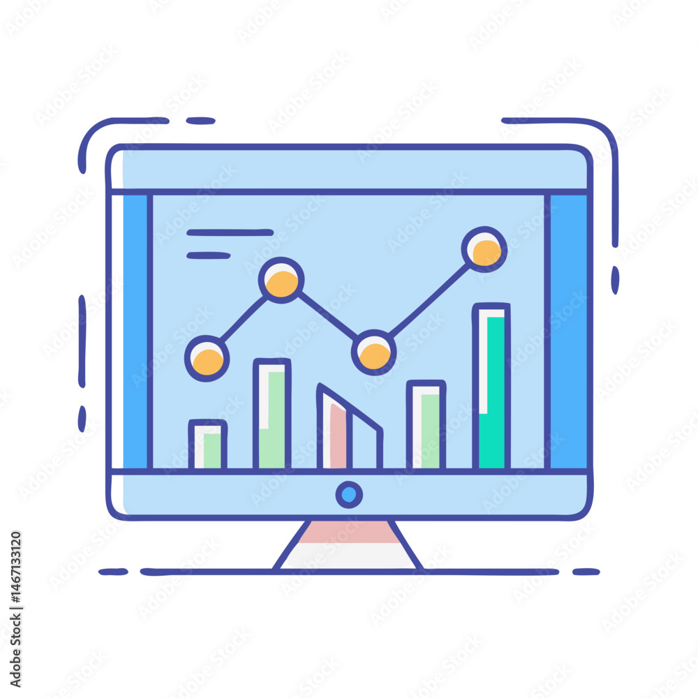 Poster analyzing data charts and graphs on computer screen for business intelligence and insights