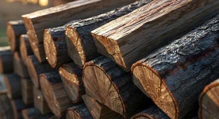 Pile Of Cut Timber Logs Shining In Sunlight In Preparation For Winter