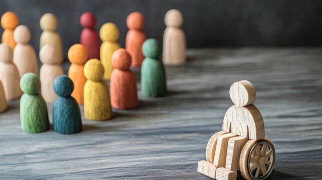 Social exclusion and disability concept with wooden figures and one wheelchair user isolated from the group