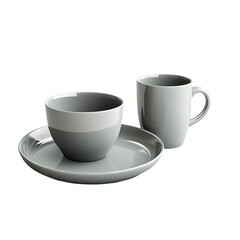 Gray bowl and gray plate and gray cup isolated on white and transparent background.