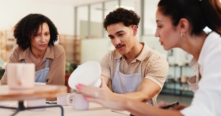 People, potter and talking for pottery class with sculpture design, learning technique and craft process. Instructor, teaching and guide for mold production, ceramic demonstration and creative course