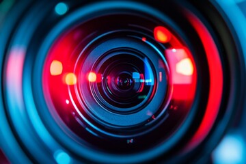 Close-up camera lens, vibrant colors, bokeh background, professional photography