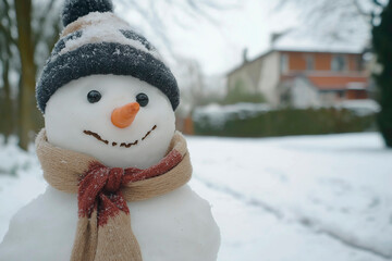 Happy snowman in scarf and hat on a snowy winter day