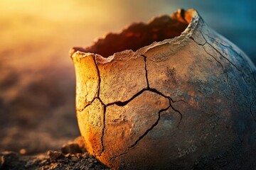 Ancient, cracked clay pot unearthed, revealing history and time's passage.