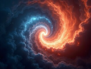 surreal gradient vortex in space, blending electric blue, fiery red, and golden hues, with swirling energy patterns, radiant light beams, and cosmic debris