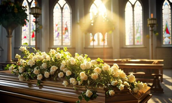 coffin decorated with white roses in church animation