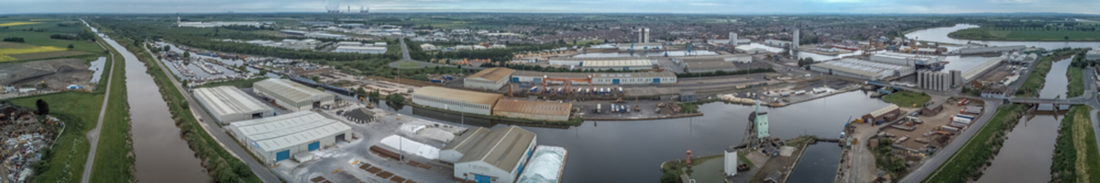Aerial panorama view of Goole docks 