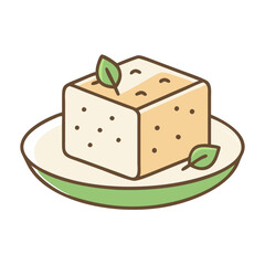 Delicious tofu cube on plate with green leaves healthy eating vegan food illustration design
