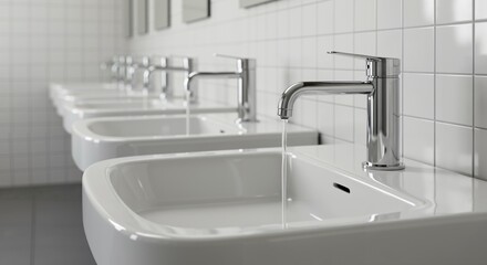 Modern Public Restroom Design Featuring Sleek White Sinks with Chrome Faucets and Flowing Water Against a Contemporary Tiled Background