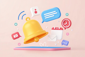 Fototapeta premium 3D notification bell icon with chat bubble speech floating around on pastel background