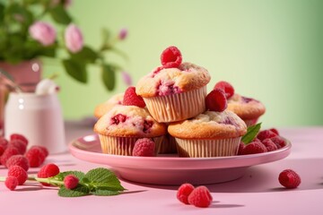 Delicious raspberry muffins sweet treat pink plate bakery dessert homemade tasty morning afternoon