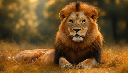 Fototapeta premium Majestic Male Lion Resting in Golden Grassland at Sunset
