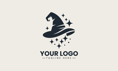 Obraz premium Black outline logo design of classic witch hat with magical swirl and stars