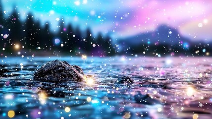 Enchanted River Dark Rock in Flowing Water with Sparkling Lights and Snowy Mountain Background