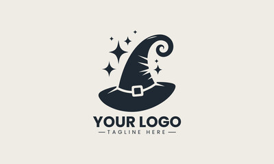 Fototapeta premium Simple black vector silhouette of a pointed witch hat with sparkling magical accents
