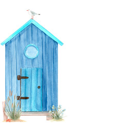 Wooden plank cabin lifebuoy seagull watercolor card isolated on white. High quality minimal architecture watercolor illustration perfect for cards, decor, children's room design. Cute hut. Blue house