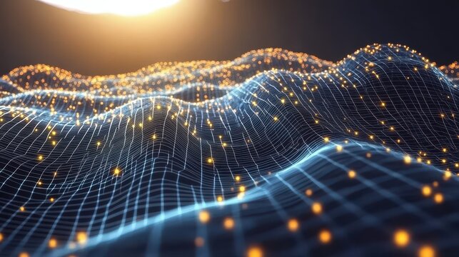 Futuristic network visualization representing data stream and connectivity across a digital landscape with glowing nodes and wave patterns