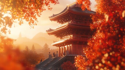 Fototapeta premium Traditional Japanese temple among fiery autumn leaves