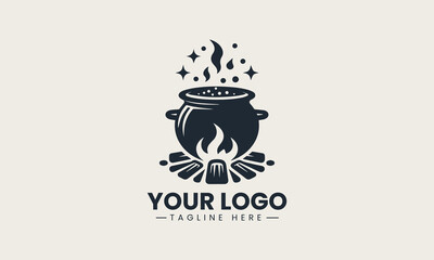 Black silhouette of bubbling cauldron over fire in simple vector style for logo design