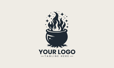 Black silhouette of bubbling cauldron over fire in simple vector style for logo design