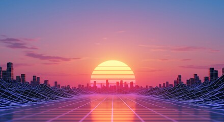 Obraz premium Retro Sunset Cityscape Vibrant Hues. AI Generated