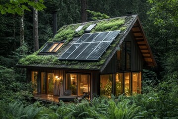Sustainable cabin nestled within a lush forest.