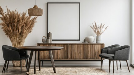 Modern dining room, wooden sideboard, pampas grass, minimalist decor, mock-up poster