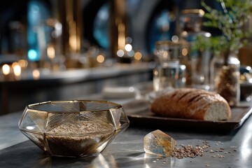 Fototapeta premium A beautifully arranged display of artisan bread and wholesome ingredients, conveying the essence of homemade goodness within a warm and inviting kitchen environment.
