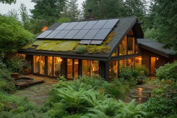 Luminous cabin nestled within a lush green forest.