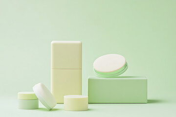 A serene arrangement of pastel skincare products on a soft green backdrop, evoking tranquility