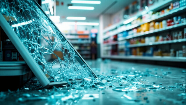 Shattered glass door lying on supermarket floor after robbery
