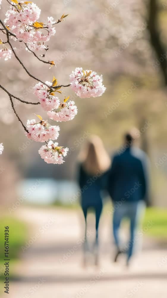 Aufkleber pink cherry blossom branches in the foreground frame a blurred couple walking down a path on a sunny