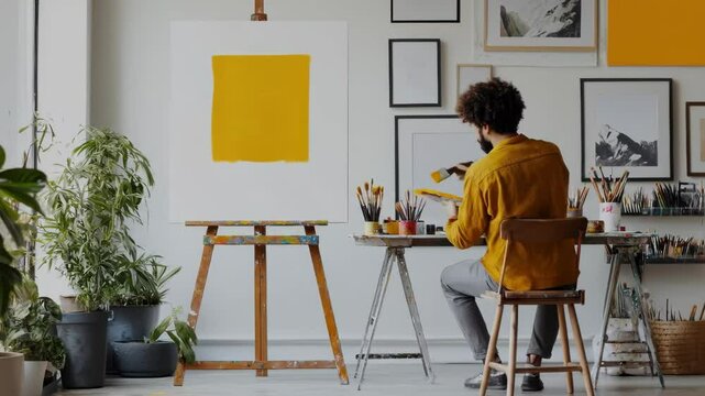 Creative Artist in Studio Painting Vibrant Yellow Canvas with Art Supplies, Embracing Creativity and Art in Bright Atmosphere