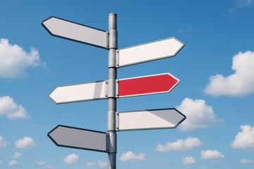 Directional Signpost Against Blue Sky Demonstrates Choices, Navigating Decisions, and Finding the Right Path With One Specific Route Highlighted.