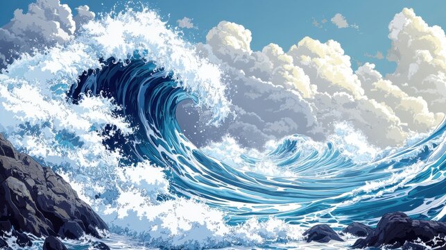 Hand drawn ukiyo e waves crashing on rocky cliffs.
