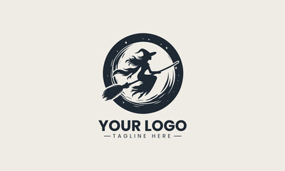 Dramatic vector silhouette of a witch flying on a broomstick in front of the full moon logo design
