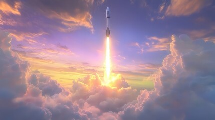 Celestial Ascendancy A Majestic Rocket Launch Amidst Ethereal Cloudscapes Symbolic of Ambition Innovation and Human Endeavor