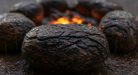 Dark Stones Encircled By Flames Under A Rain Storm In Nature
