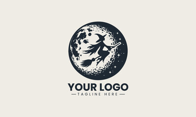 Obraz premium Silhouette of witch flying on broom across full moon in dramatic vector logo illustration design
