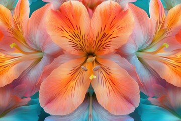 Fototapeta premium Close-up of vibrant orange alstroemeria petals with textured lines on a teal backdrop. Perfect for backgrounds, textiles, or adding a touch of floral elegance.