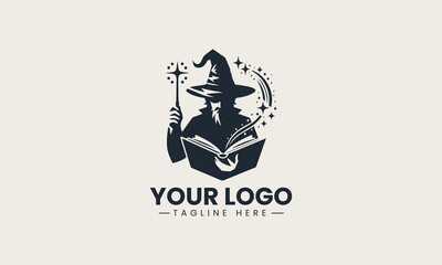 Obraz premium Silhouette of wizard reading magic book with glowing staff in mystical vector logo illustration design
