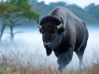 Majestic bison in a misty forest.  A powerful bison, dark gray-black coat,  charging through a fog-filled,  grassy landscape