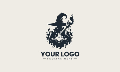 Fototapeta premium Vector logo of a wizard silhouette reading spellbook and holding magical glowing staff in fantasy illustration design